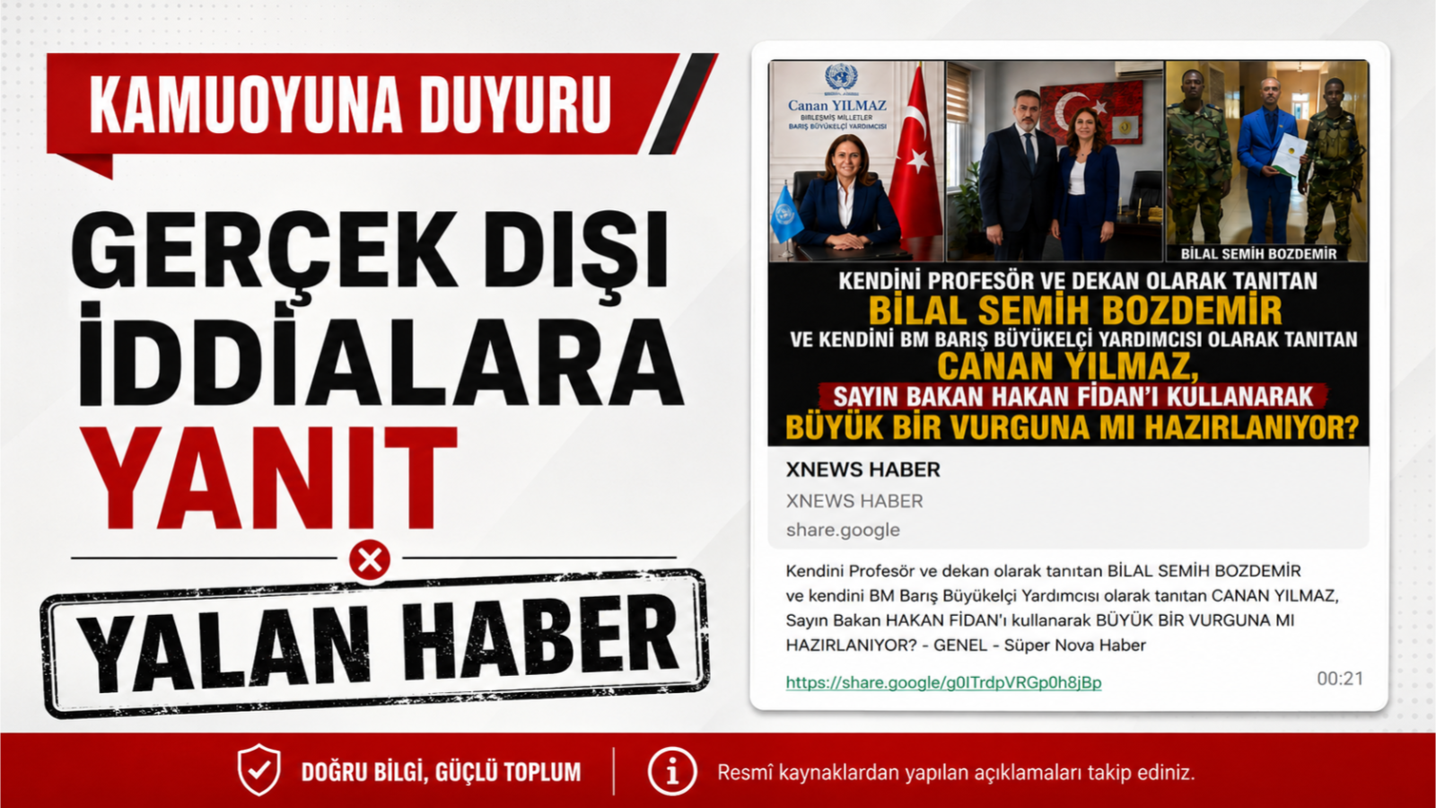 Bilal Semih Bozdemir ve Canan Yılmaz hakkındaki iddialara karşı belge temelli doğrulama görseli